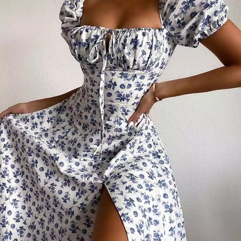 Floral Print Puff Sleeve Maxi Dress